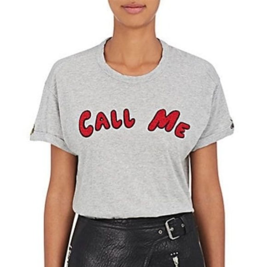 Sandrine Rose X Barney's Ny Call Me Cotton Tee T Shirt Chenille Varsity